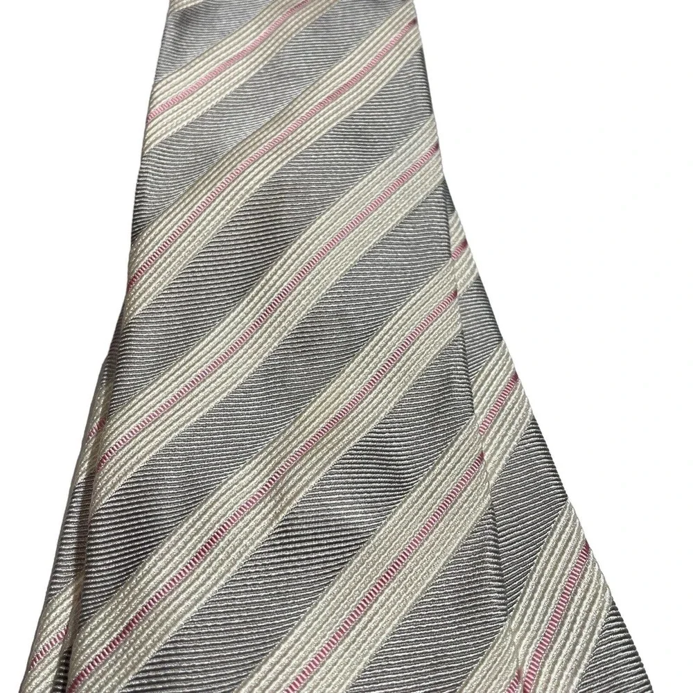 Moschino Mens Neck Tie Pink‎ White Gray Stripes - Picture 2 of 5